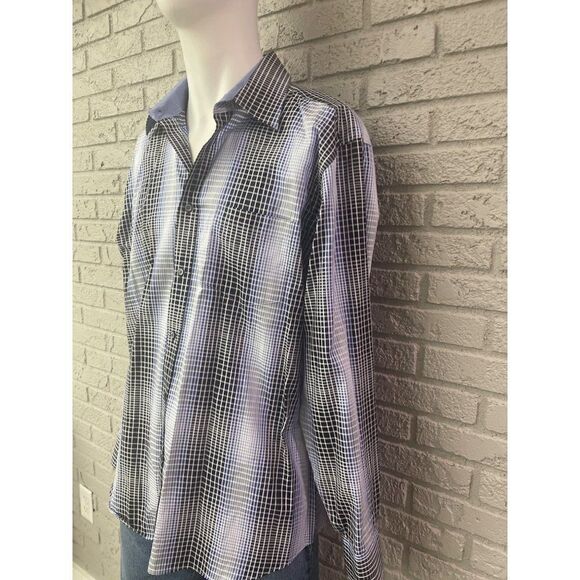 Bugatchi Blue Striped Plaid Long Sleeve Shirt Size XL - Picture 3 of 12